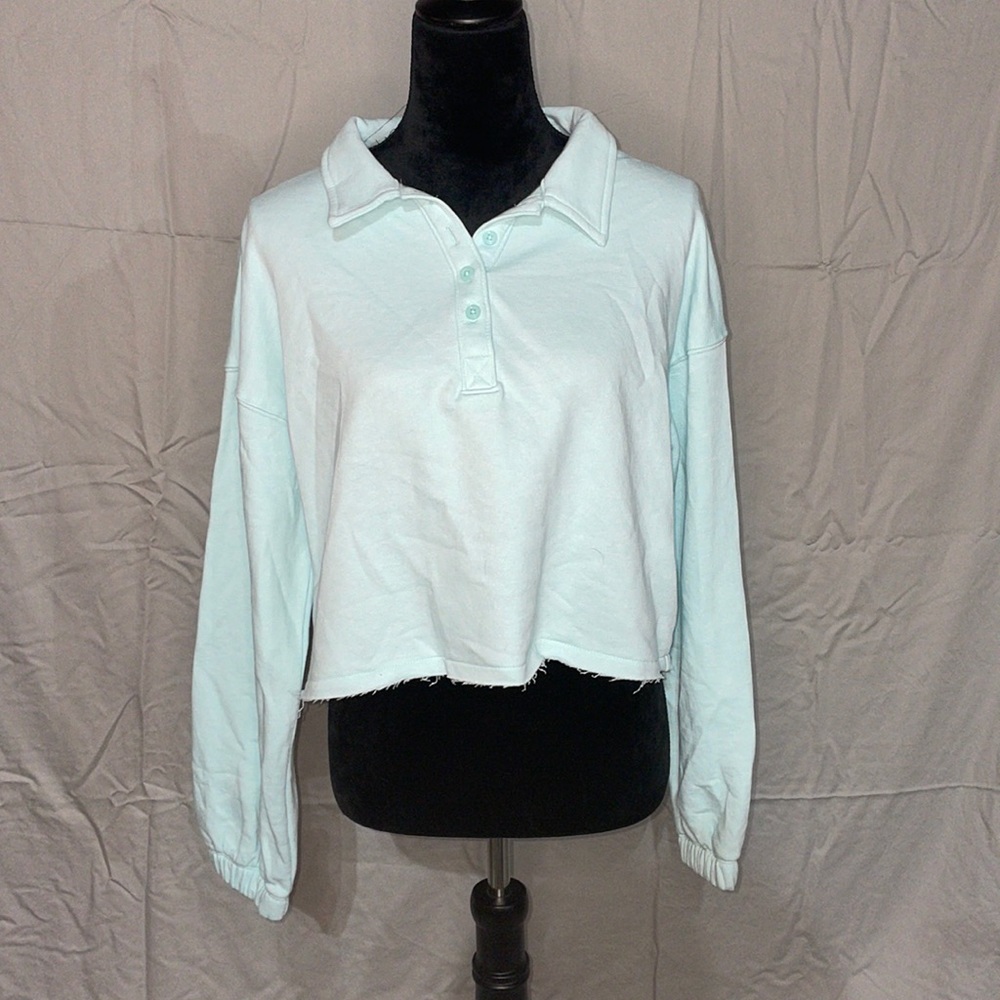 Baby Blue Quarter Button Cropped Hoodie
